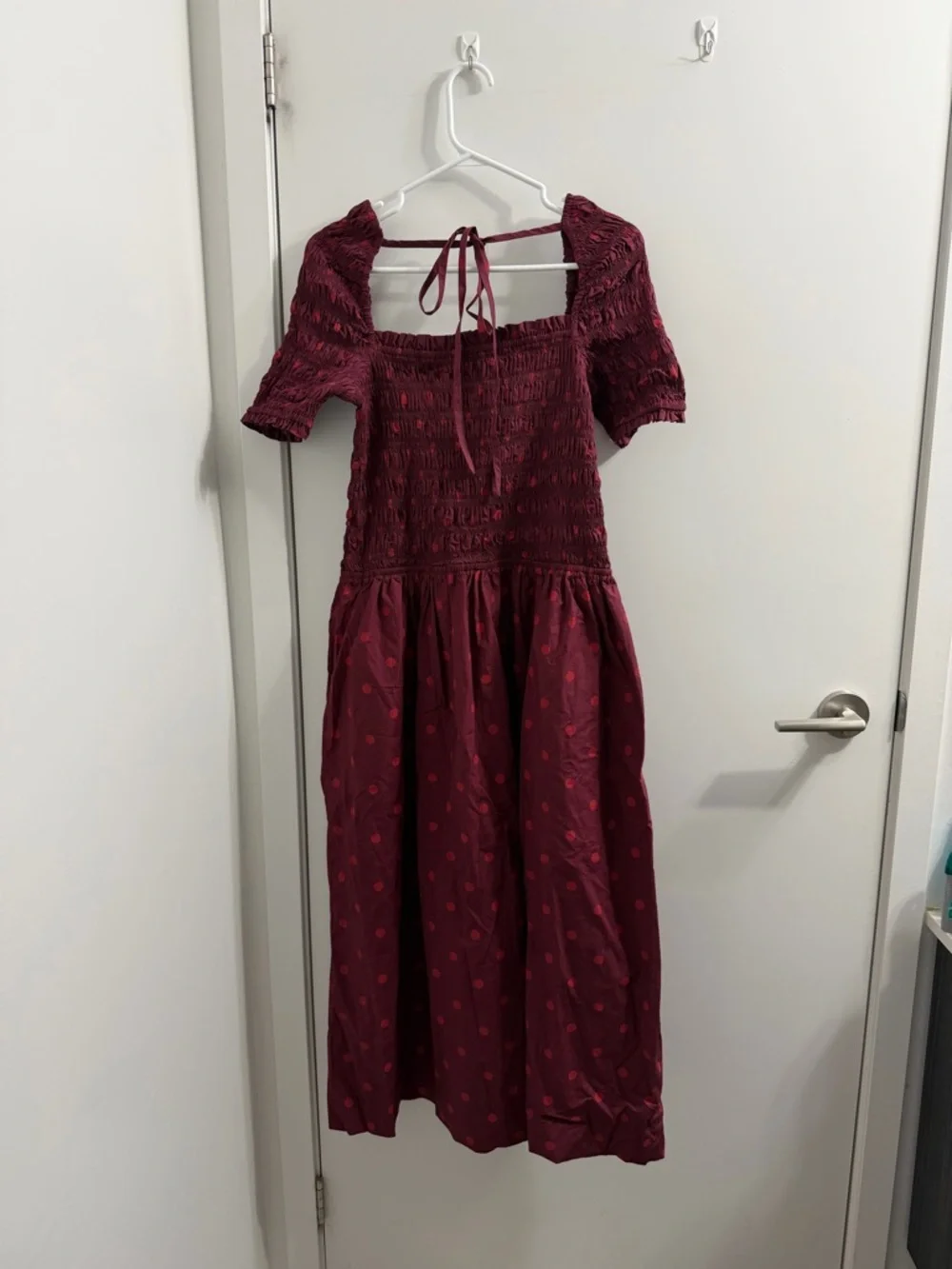 Damson Madders Smocked Square-Neck Burgundy Polka-Dot Dress - Picture 4 of 6